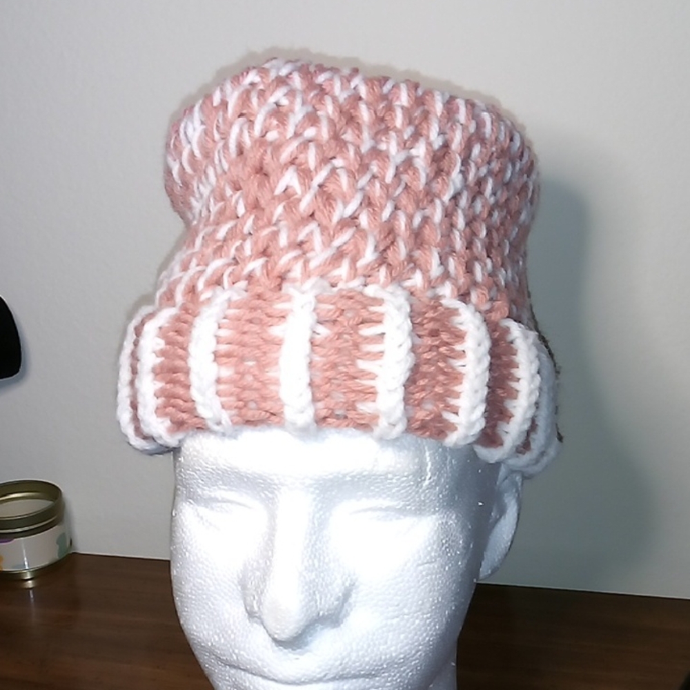 Chunky Knit Pink and White Beanie